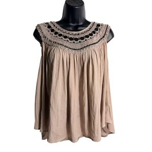 Free People Tank Top Womens Small‎ Beige Crochet Beaded Yoke Sleeveless Boho
